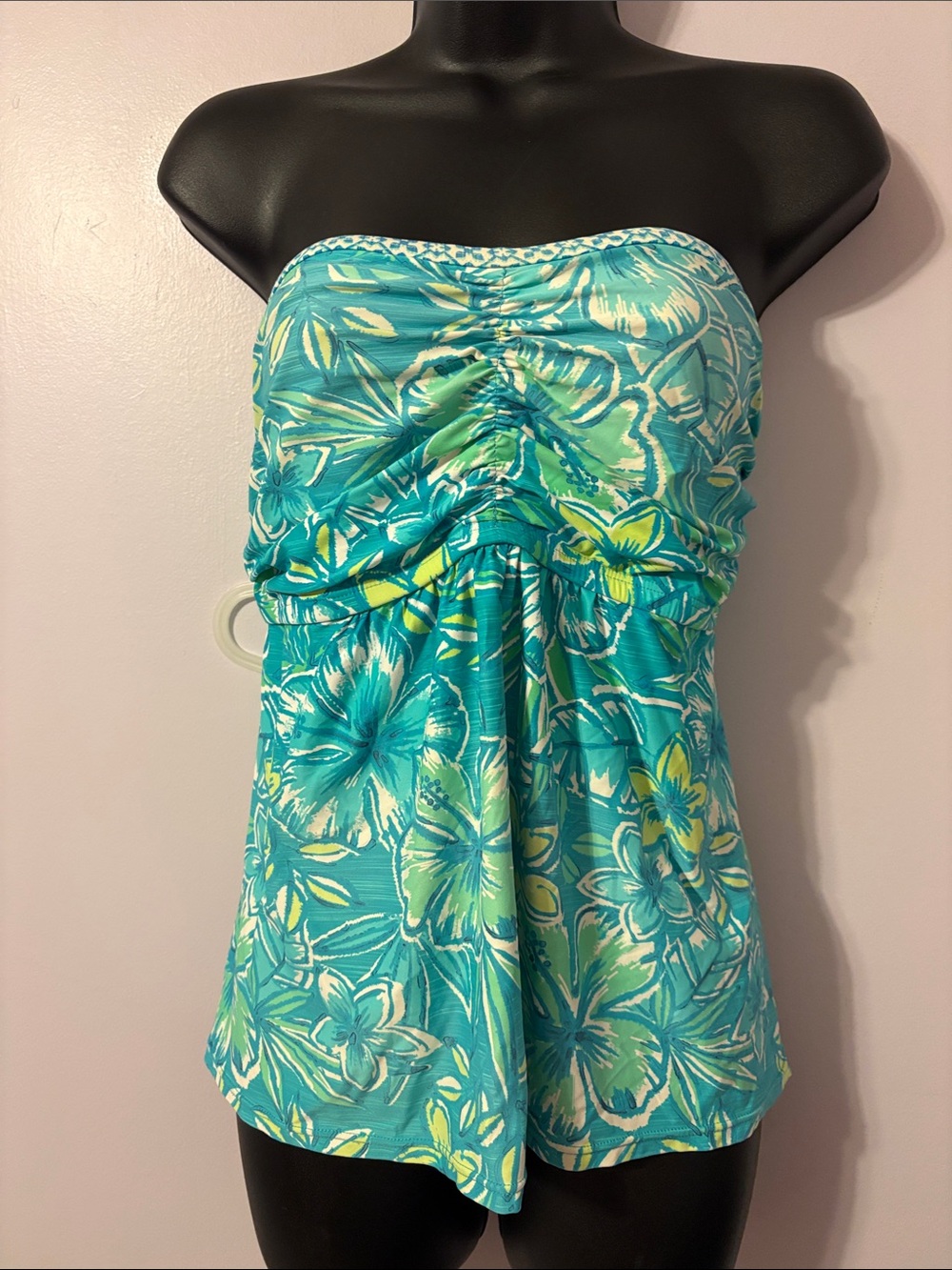 Beach House Blue Hibiscus Floral Tropical Strapless Tankini Top size 16W